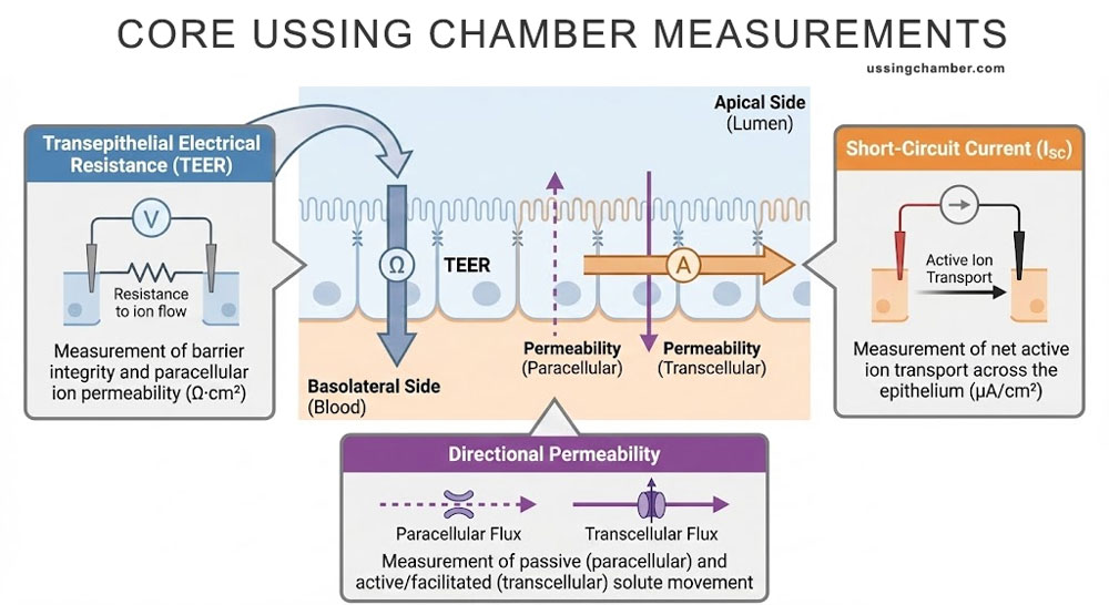 Summary of core Ussing chamber measurements, including short-circuit current and transepithelial electrical resistance